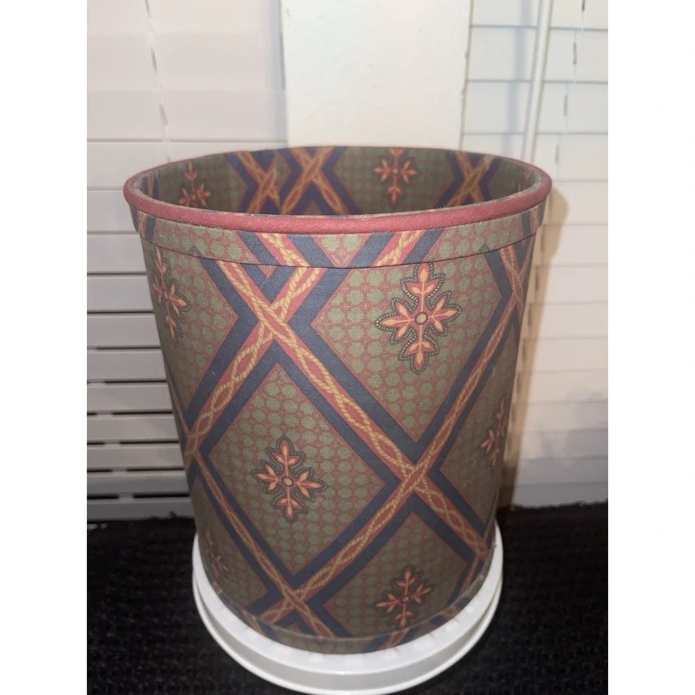 Vintage Burgundy Navy Green Pattern Material Waste Basket Trash Can Vineyard Inc